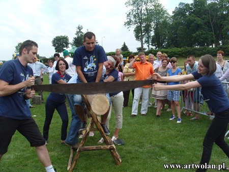 Fotografia z Dni Gminy Wicko 2011 przedstawiająca ”Wielką Rywalizację Otwartego Turnieju Administracji” - konkurencja piłowania pnia drzewa na czas. 